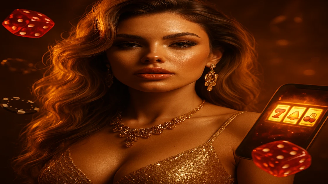 lv18-এর গেমিং প্ল্যাটফর্ম-ঘরানার একটি মার্জিত নারী সোনালি পোশাক পরে মোবাইল হাতে ধরে; স্ক্রিনে একটি গেম-দৃশ্য দেখা যাচ্ছে, চারপাশে সোনালি টোকেন ও পাশা ছড়িয়ে রয়েছে।