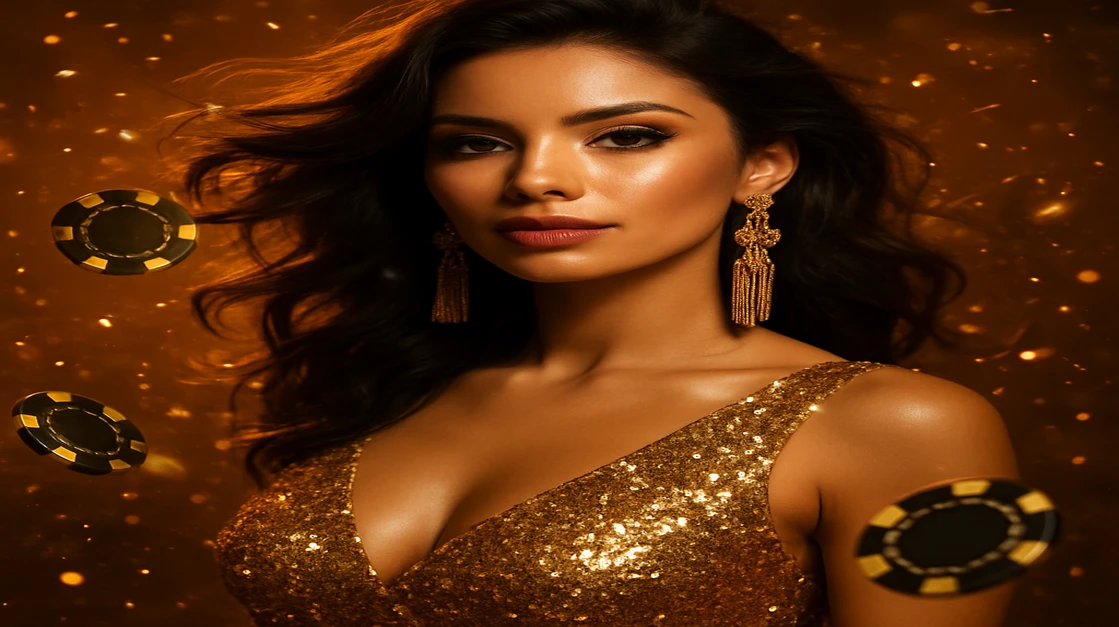 গোল্ডেন পোশাক ও ঝলমলে ইয়াররিংস পরিহিত এক দৃষ্টিনন্দন নারী, lv18 গেমিং প্ল্যাটফর্মের ভাসমান চিপ ও জ্বলন্ত আলোতে ঘেরা।