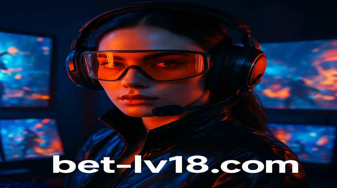 lv18 গেমিং প্ল্যাটফর্মে একটি নারী গেমার, বড় হেডসেট ও স্পোর্টস-চশমা পরে, মোবাইল গেম ইন্টারফেস ও ই-স্পোর্ট ভিজ্যুয়ালস পটভূমিতে দৃশ্যমান।