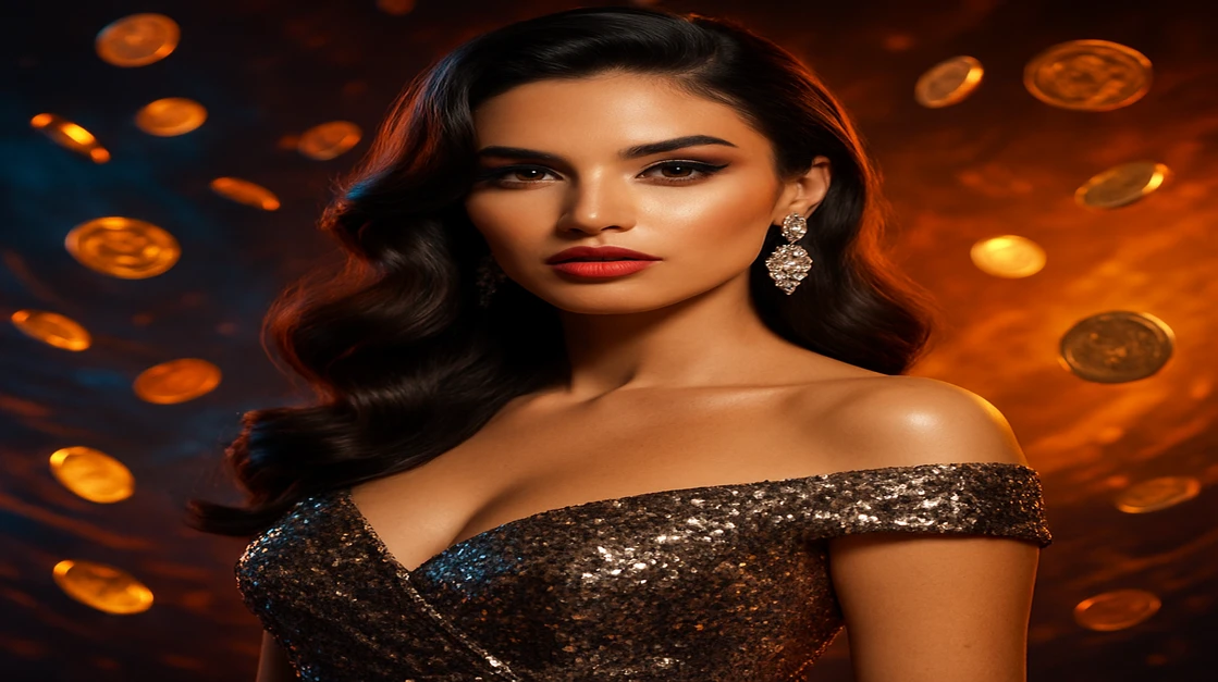 গ্ল্যামারাস নারী ঝলমলে পোশাক পরে, lv18 গেমিং প্ল্যাটফর্ম-থিমা পটভূমিতে উড়ন্ত সোনার মুদ্রা ও জ্বলন্ত আলো ছড়িয়ে রয়েছে।