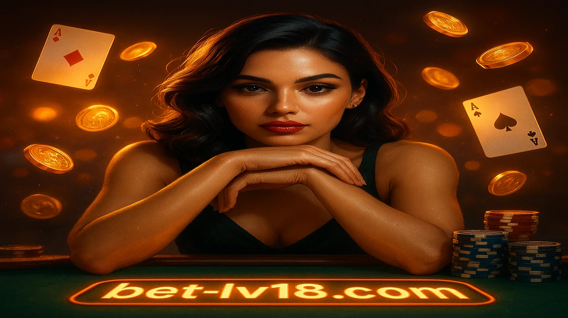 lv18 এর গেমিং প্ল্যাটফর্ম টেবিলে হেলান দিয়ে থাকা এক নারী, গাঢ় পোশাক পরা; চারপাশে উড়ন্ত কার্ড ও সোনা-চিপ ছড়িয়ে রয়েছে, লগইন লেখা দেখা যাচ্ছে।