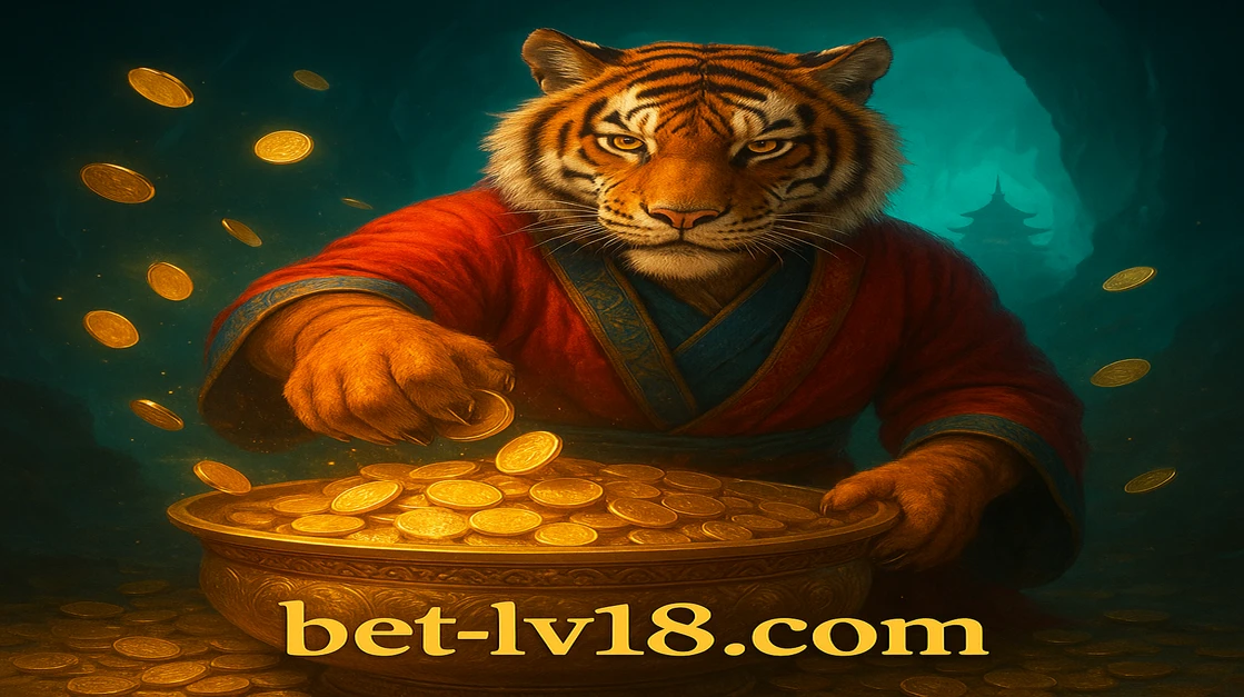 lv18 ব্র্যান্ড-স্টাইলের লাল পোশাক পরা আকৃতিগত বাঘ, পটভূমিতে এশীয় মন্দির ও চারদিকে সোনালি আলো ছড়িয়ে রয়েছে এবং সে সোনালি কয়েন ধরছে।